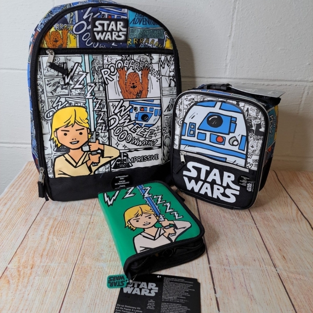 Star Wars Backpack Lunch Tote & Zip-up Stationary Kit NEW